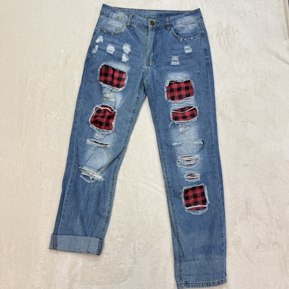 Distressed Patchwork Jeans Womens Medium Red Plai… - image 2